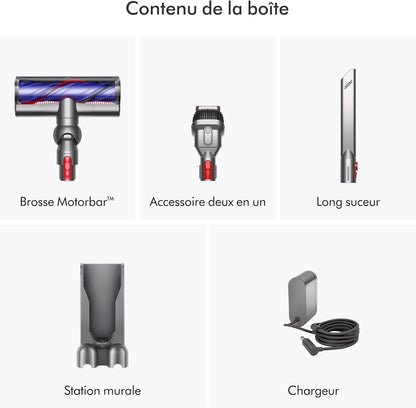 2026 2025 Dyson V8 Advanced™ Aspirateur Balai sans Fil – 130 AW, 40 Min d’autonomie, Brosse Motorbar Auto-démêlante, Accessoires combinés, Station Murale, Argent/Nickel