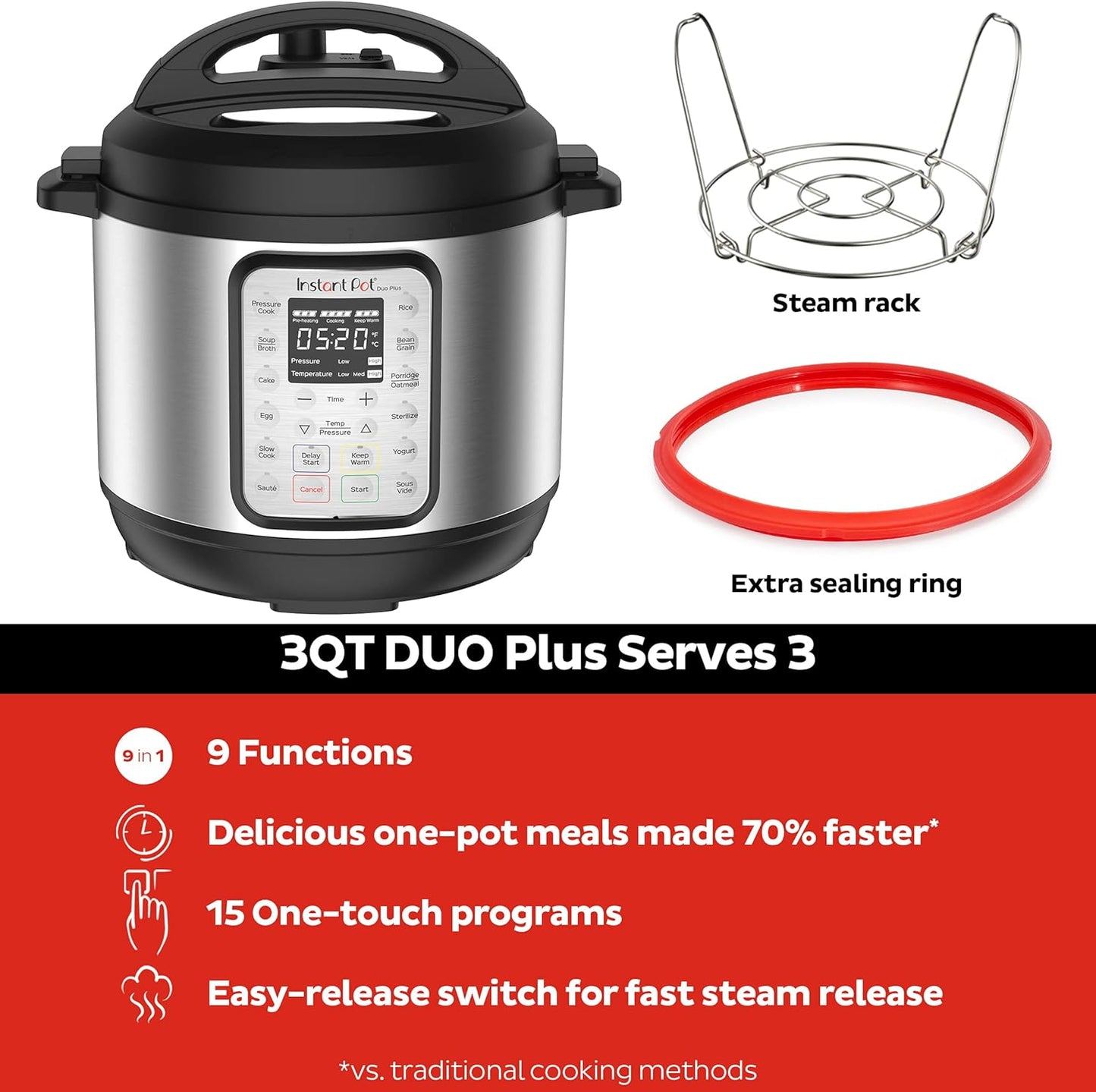 2026 2025 Instant Pot Duo Plus 9-en-1 Multicuiseur, Autocuiseur, Slow Cooker, Cuiseur de Riz, Vapeur, Sauté, Yaourtière, Maintien au Chaud et Stérilisateur, Application Incluse avec Plus de 800 Recettes, Acier Inoxydable, 6 Quarts