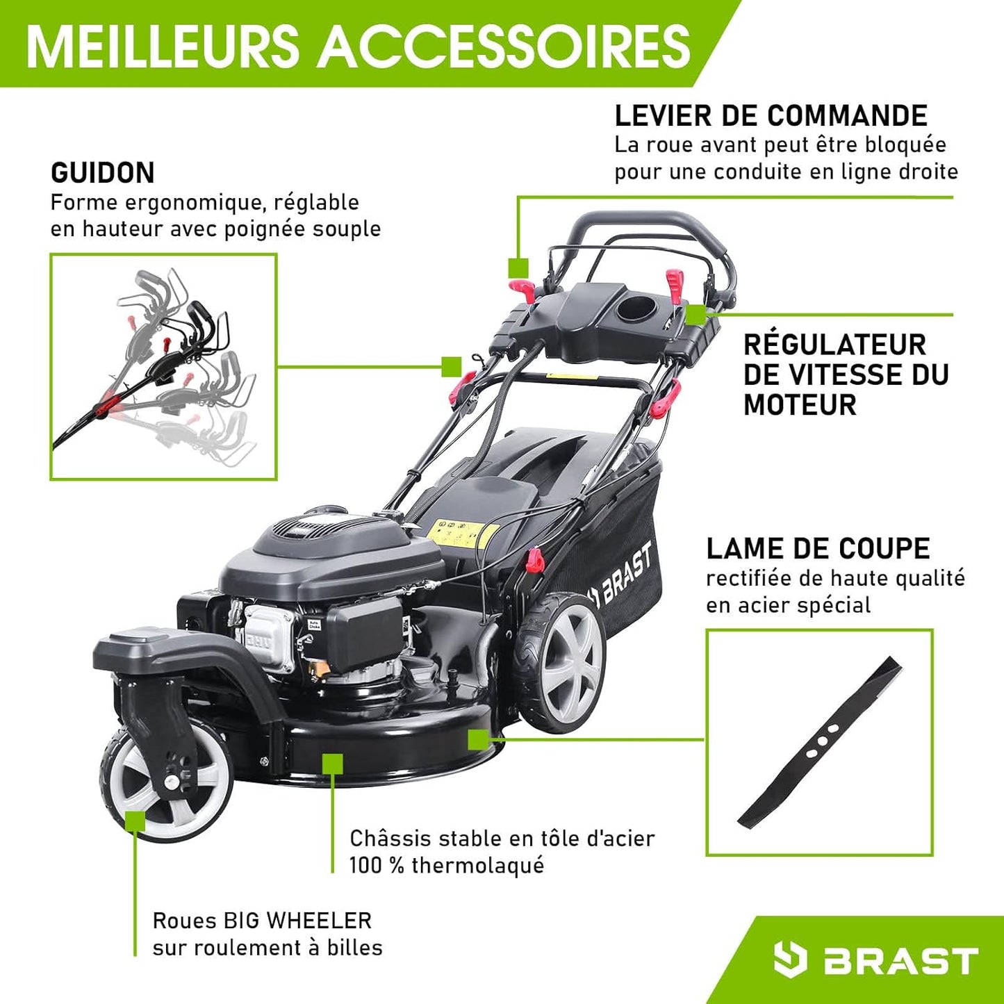 2026 BRAST tondeuse thermique 3 roues TRIKE E-START 224cc 53cm tractée démarrage électrique mulching 4en1 capot en tôle en acier 60l - moteur 4 temps de la marque française GT reglable