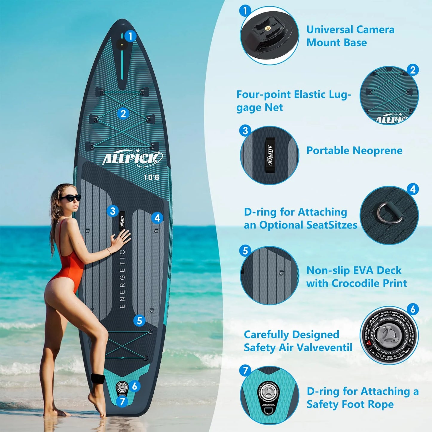 2026 Planche de stand up paddle gonflable haut de gamme ALLPICK 2025 320 x 81 x 15 cm – Ensemble complet avec pagaie réglable, sac à dos, caméra de sport et siège kayak – SUP stable et durable jusqu'à 180 kg, pour débutants et experts
