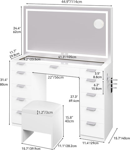 2026 Grande Coiffeuse avec éclairage LED réglable et Prises électriques, Coiffeuse avec Miroir, Toit en Verre Transparent, 11 tiroirs et Tabouret, Blanc