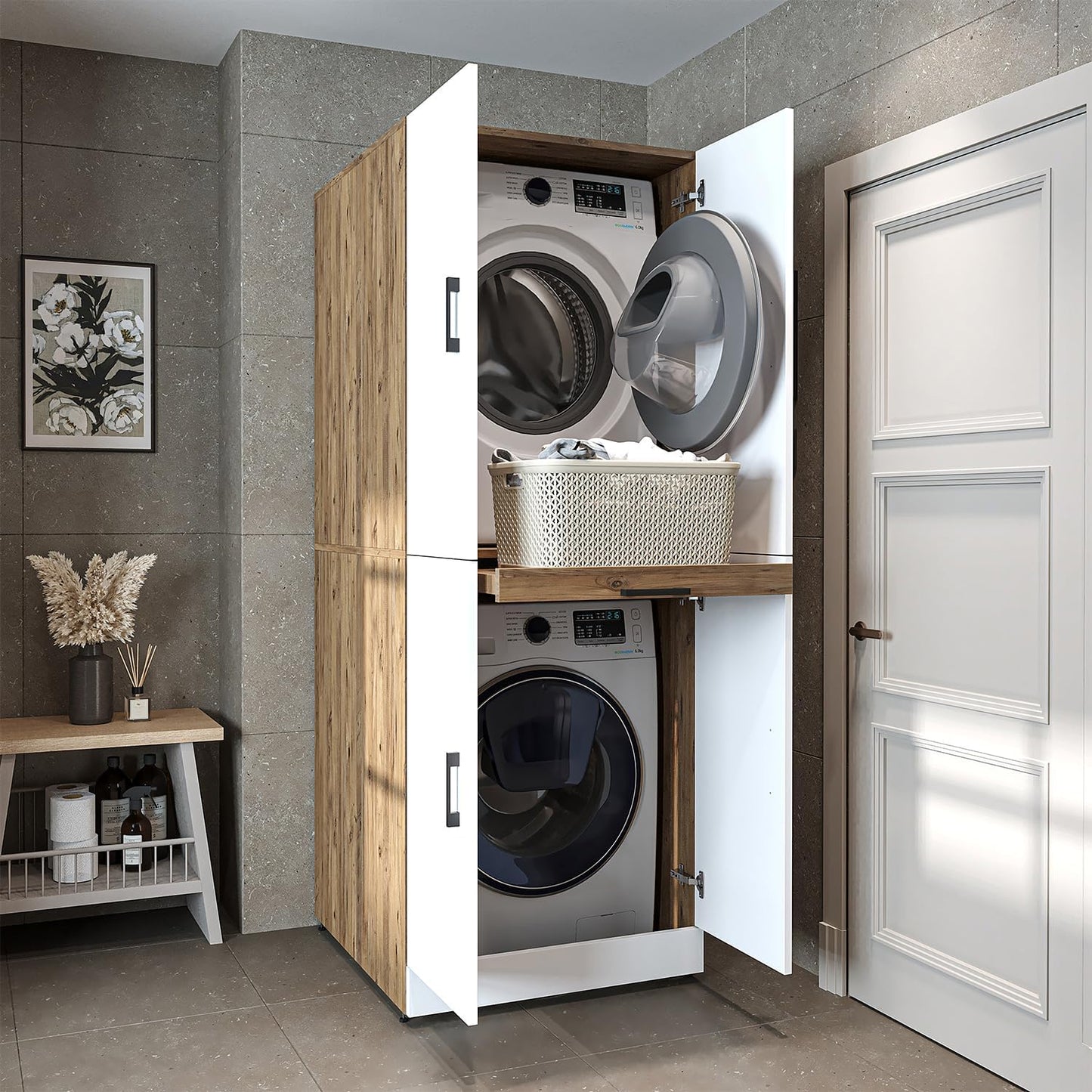 2026 ROOMART Dora Armoire de machine à laver, pour sèche-linge et machine à laver, en 4 couleurs, avec portes et planche coulissante (chêne anthracite)