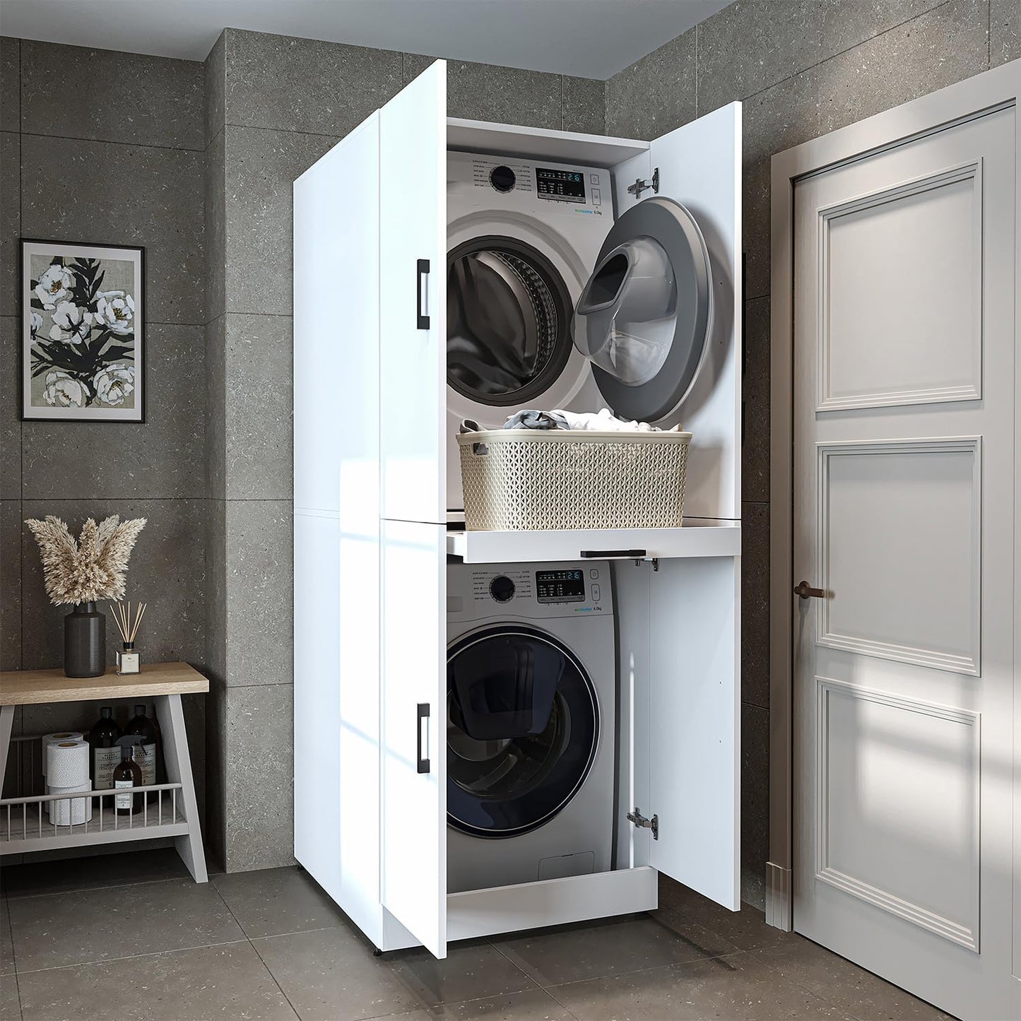 2026 ROOMART Dora Armoire de machine à laver, pour sèche-linge et machine à laver, en 4 couleurs, avec portes et planche coulissante (chêne anthracite)