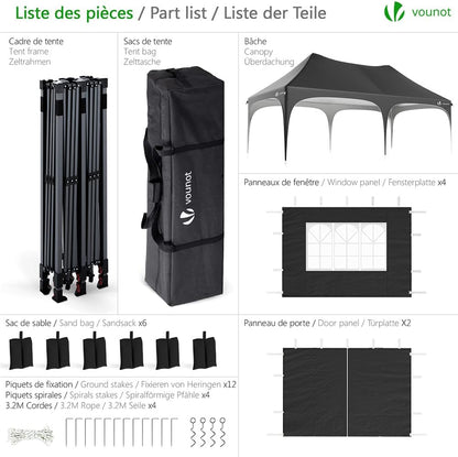 2026 Tonnelle de Jardin Extérieur 3x6m Barnum Pliant avec 6 Parois Amovibles et 6 Sacs de Sable Tente de Reception Imperméable et Anti-UV pour Camping Festival Mariage Sac de Transport Inclus Noir