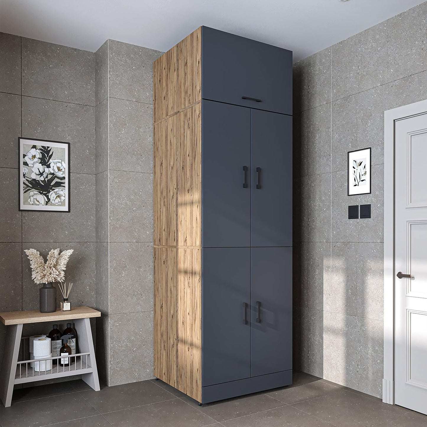 2026 ROOMART Dora Armoire de machine à laver, pour sèche-linge et machine à laver, en 4 couleurs, avec portes et planche coulissante (chêne anthracite)