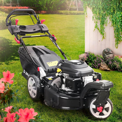 2026 BRAST tondeuse thermique 3 roues TRIKE E-START 224cc 53cm tractée démarrage électrique mulching 4en1 capot en tôle en acier 60l - moteur 4 temps de la marque française GT reglable