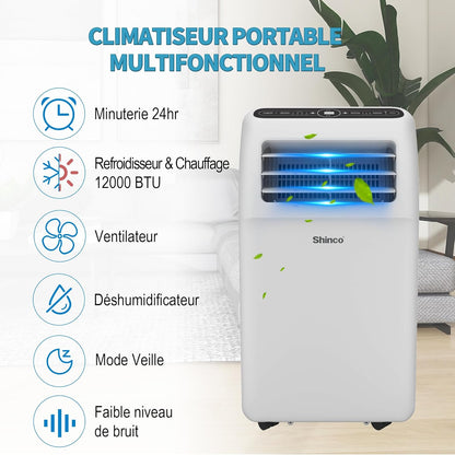 2026 SHINCO Climatiseur mobile, 7000 BTU 2,05kW, Refroidir&Ventilation&Déshumidification, taille de la pièce jusqu'à 54m³(18㎡), Climatiseur mobile avec tuyau d'évacuation et tuyau de vidange, mode sommeil