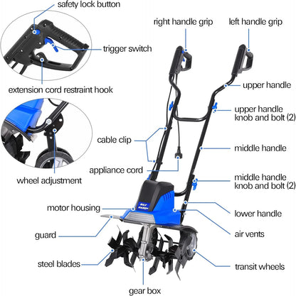 2026 Motoculteur électrique BILT HARD 16 pouces, 13,5 A, 6 dents en acier, avec roues réglables