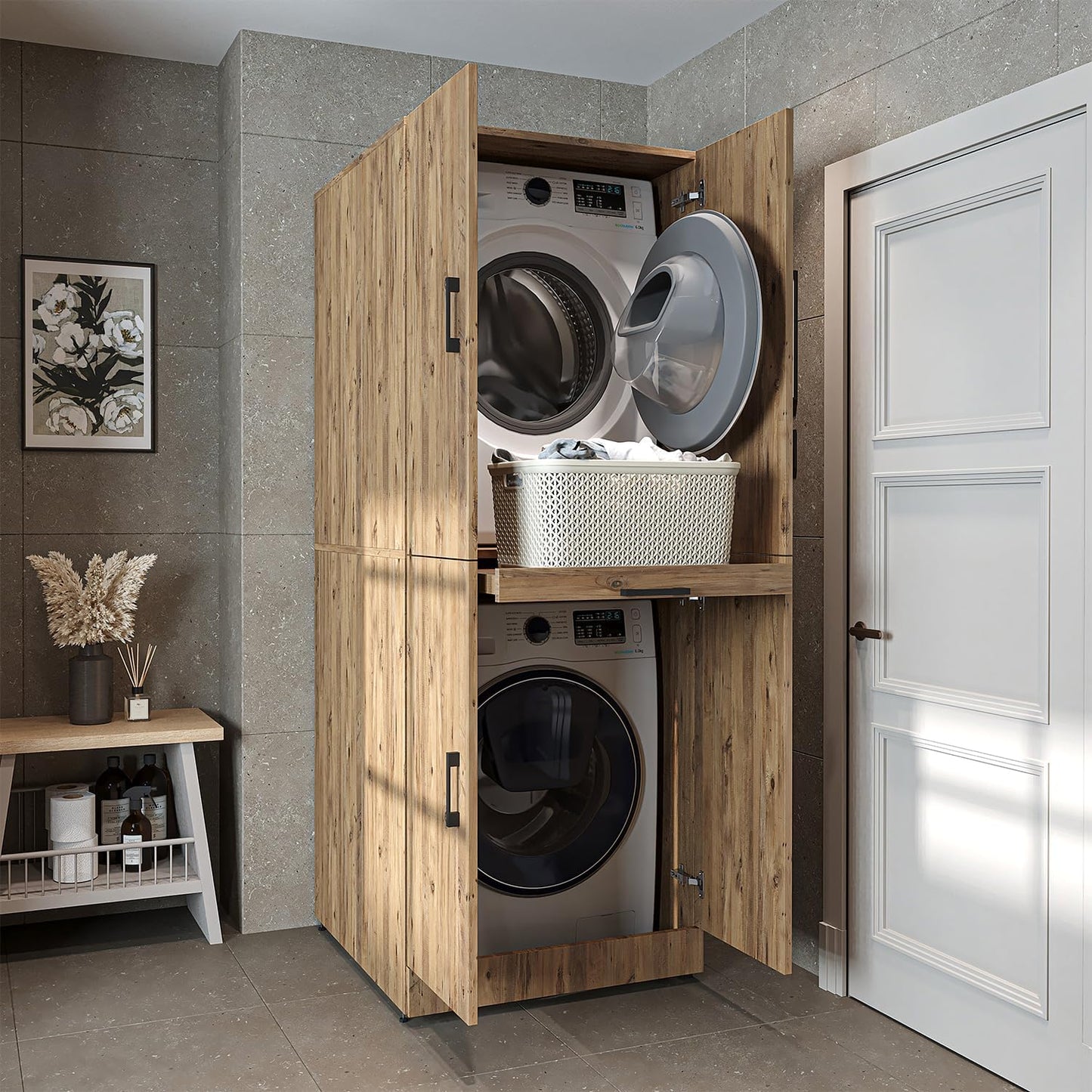 2026 ROOMART Dora Armoire de machine à laver, pour sèche-linge et machine à laver, en 4 couleurs, avec portes et planche coulissante (chêne anthracite)