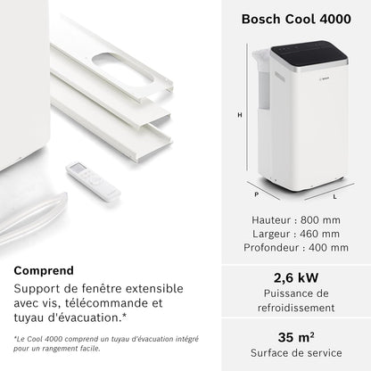 2026 Bosch Cool 4000 Portable AC - 3 en 1 : Climatiseur, Déshumidificateur, Ventilateur - 2,6 kW pour les pièces jusqu'à 35m² - Avec Mode Auto, Mode Silencieux et Mode Veille (48 db (A)) [Classe A+]