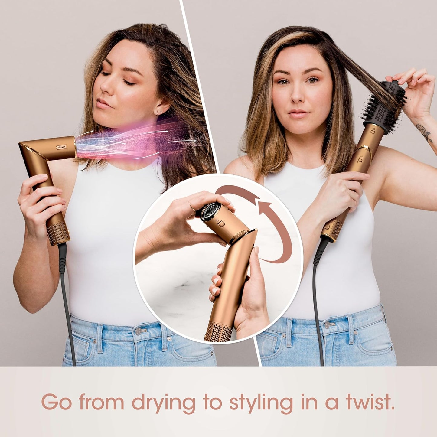 2026 2025 Système de coiffage et de séchage Shark HD430 FlexStyle, sèche-cheveux brosse puissant et multi-styler avec boucleurs Auto-Wrap, brosse plate, brosse ovale et embout concentrateur, coloris Stone
