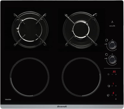 2026 Brandt - BPI6413BM - Plaque Induction et Gaz - Table de Cuisson - Noir - 4 Foyers - 3400W Electrique et 4600 Gaz - Dimensions Encastrement : 56x49cm - 9 Positions par Foyer - Fabriqué en France