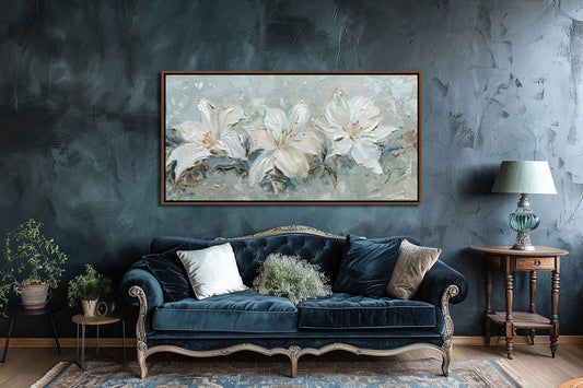 White Lilies Wall Decor, Vintage Big Flower Wall Art, Floral Living Room Canvas Art, Abstract Home Canvas Print, Modern Farmhouse Decor Gift