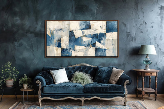 Abstract Blue Beige White Wall Art, Vintage Abstract Wall Decor, Modern Gallery Framed Canvas Art, Minimalist Living Room Large Canvas Print