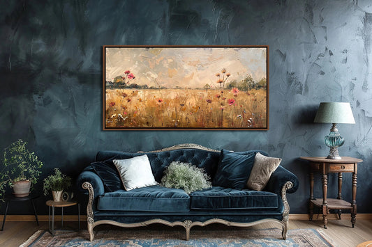 Countryside Wall Art, Wildflowers Wall Decor, Vintage Farmhouse Canvas Art, Floral Country Large Canvas Print, Botanical Living Room Decor