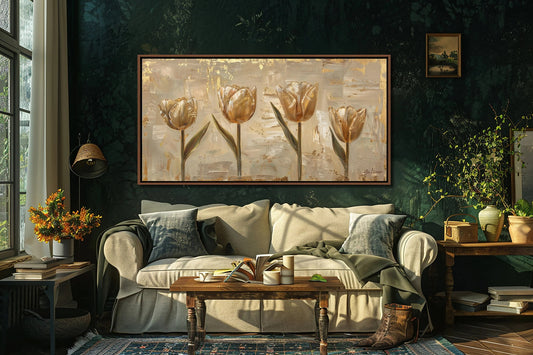 Gold Tulips Framed Wall Art, Vintage Farmhouse Sign, Beige Flowers Wall Decor, Floral Canvas Art, Modern Living Room Large Canvas Print Gift