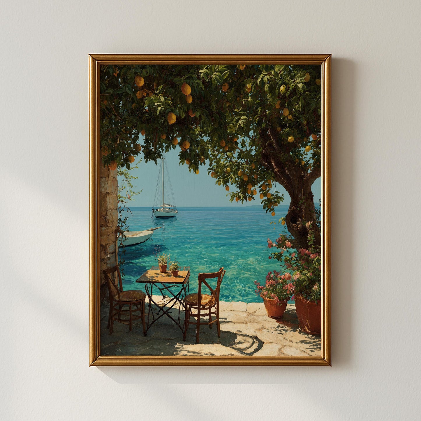 Mediterranean Seaside Terrace Print – Lemon Tree, Summer Coastal Wall Art (Digital Download art prints)