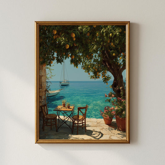 Mediterranean Seaside Terrace Print – Lemon Tree, Summer Coastal Wall Art (Digital Download art prints)