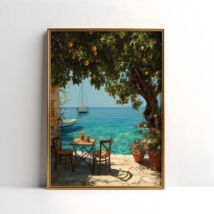 Mediterranean Seaside Terrace Print – Lemon Tree, Summer Coastal Wall Art (Digital Download art prints)