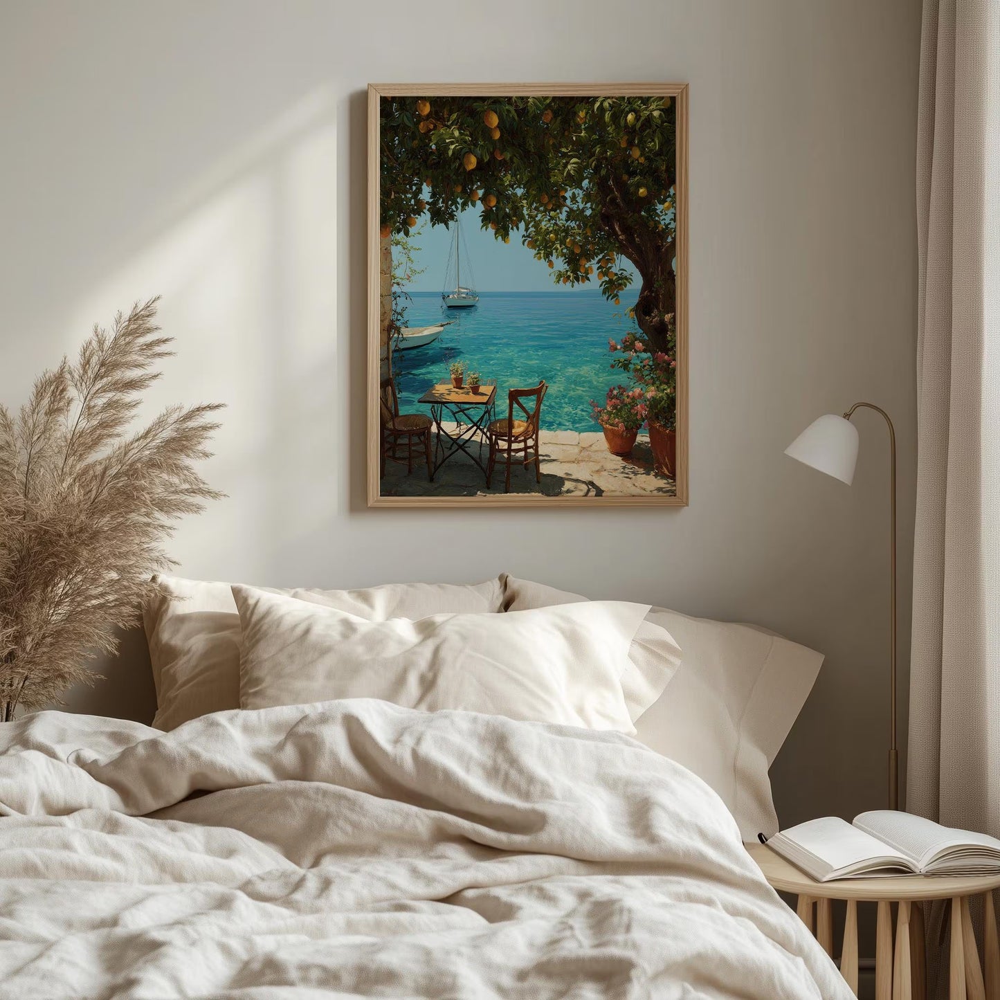 Mediterranean Seaside Terrace Print – Lemon Tree, Summer Coastal Wall Art (Digital Download art prints)