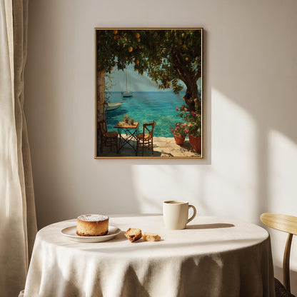 Mediterranean Seaside Terrace Print – Lemon Tree, Summer Coastal Wall Art (Digital Download art prints)
