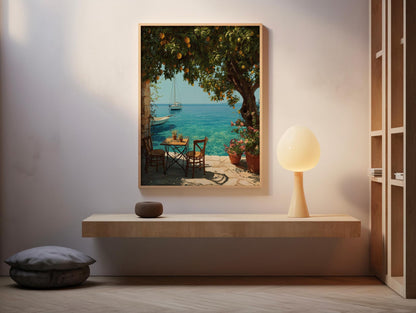 Mediterranean Seaside Terrace Print – Lemon Tree, Summer Coastal Wall Art (Digital Download art prints)