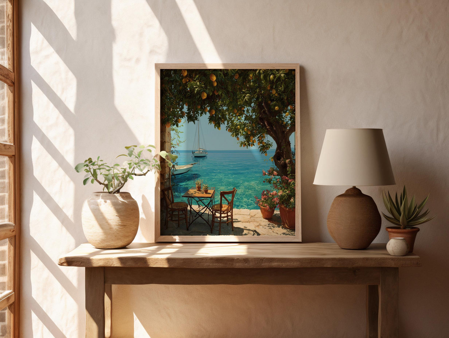 Mediterranean Seaside Terrace Print – Lemon Tree, Summer Coastal Wall Art (Digital Download art prints)