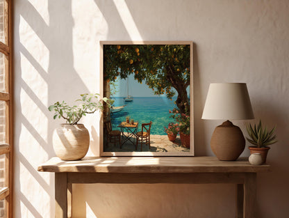 Mediterranean Seaside Terrace Print – Lemon Tree, Summer Coastal Wall Art (Digital Download art prints)