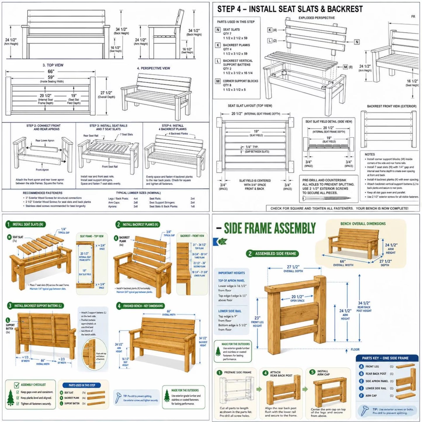 DIY 2x4 Outdoor Bench Plans PDF – Wooden Garden Bench with Backrest Blueprint