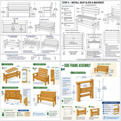 DIY 2x4 Outdoor Bench Plans PDF – Wooden Garden Bench with Backrest Blueprint