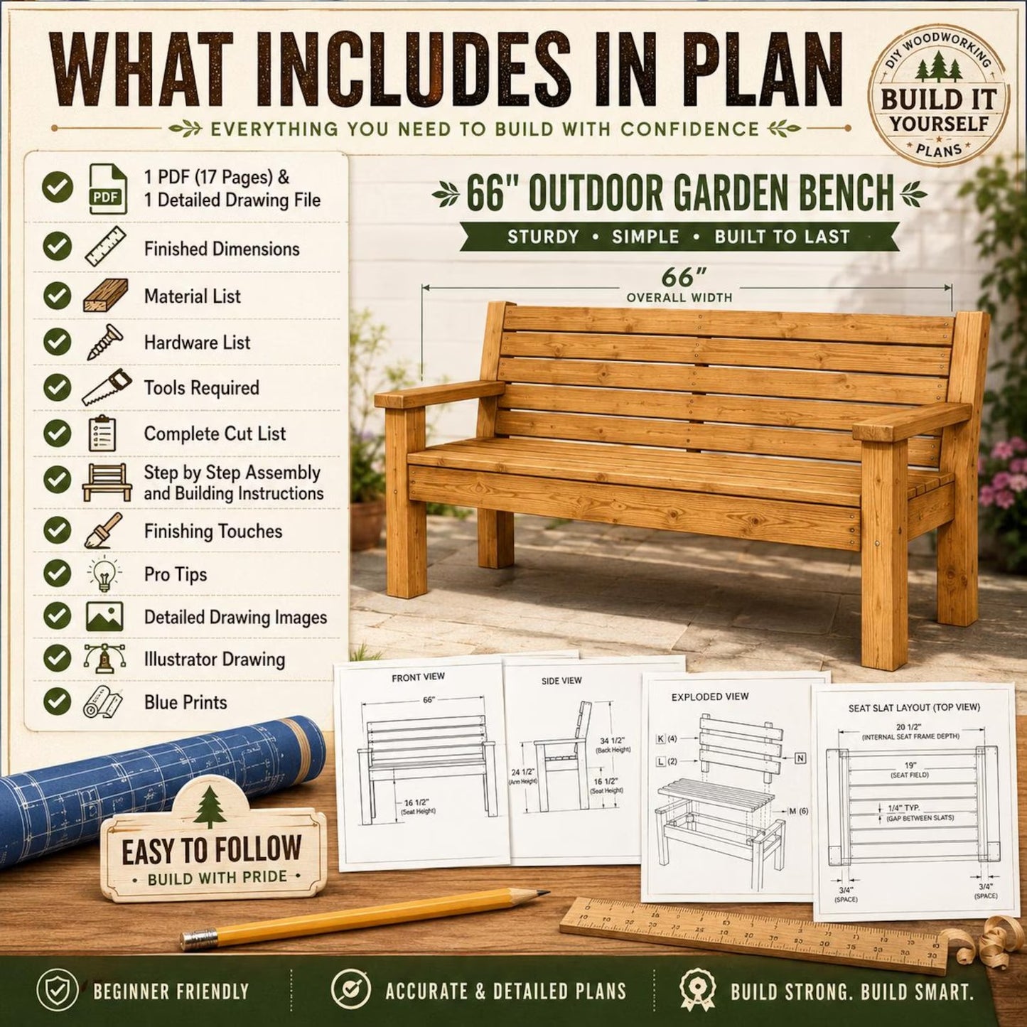 DIY 2x4 Outdoor Bench Plans PDF – Wooden Garden Bench with Backrest Blueprint